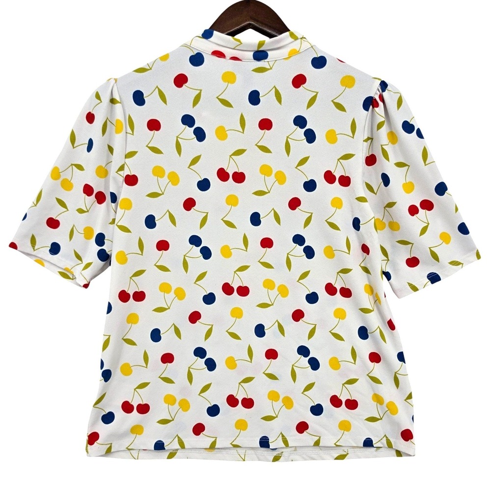 ModCloth Cherry Print Bow Neck Blouse Top Large Retro Pinup Cottagecore Cute - Picture 2 of 4